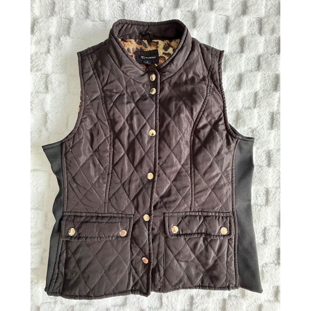 New Directions Women Black Quilted Vest Leopard Print Lining Mock Neck Sz S-EUC
